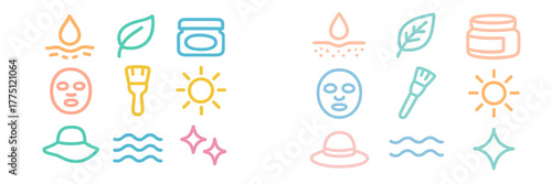 Colorful doodles of skincare and wellness items on a bright background showcasing nature and self-care activities