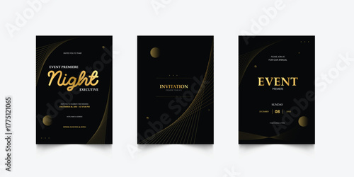 Luxury invitation card background. Golden elegant wavy gold line pattern on black background. Premium design illustration for wedding, vip cover template, grand opening, flyer.