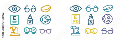 Decorative icons representing eye care and vision products in a colorful layout