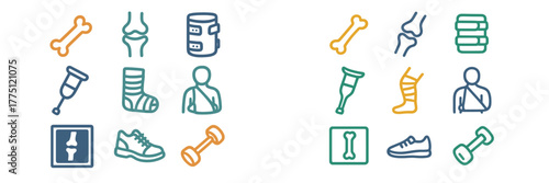 Collection of medical icons related to bones, injuries, and rehabilitation for health and fitness resources