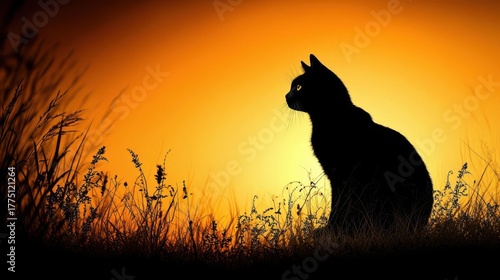 Silhouette of a cat against a vibrant sunset backdrop in a serene landscape.