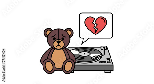 Heartbroken teddy bear with a turntable expressing longing and the pain of loss in music