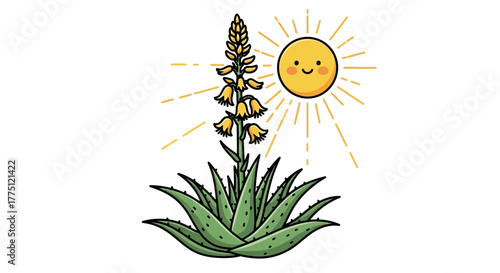 Cheerful aloe vera plant illustration under the bright sun with cute facial expression