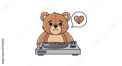 Melancholy melody: Cartoon teddy bear expressing sadness over a broken heart record player