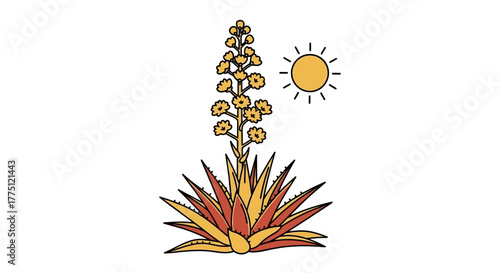 Stylized agave plant with a blooming flower under a radiant sun illustration