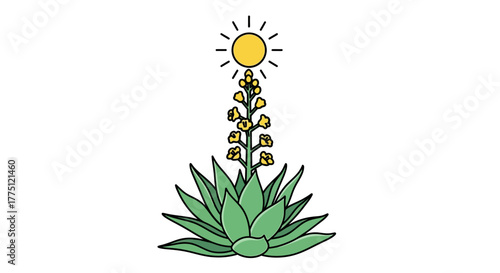 Stylized agave plant with yellow flower stalk blooming under a shining sun illustration