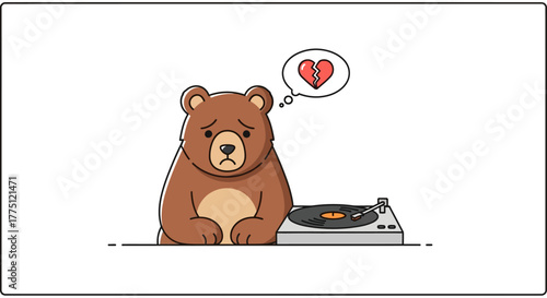 Heartbroken bear listening to sad music on a vinyl record player cartoon art