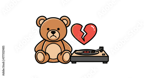 Melancholic teddy bear with broken heart and turntable illustration on white background
