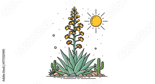 Stylized desert landscape featuring a blooming agave, cacti, and sunny weather providing a nature