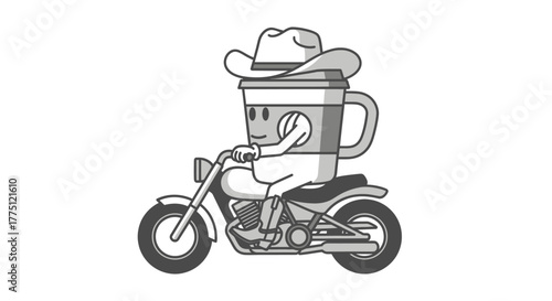 A whimsical illustration featuring a coffee cup character riding a motorcycle wearing a cowboy hat
