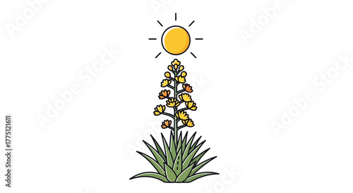 Stylized illustration of a flowering agave plant beneath a radiant sun on white plain