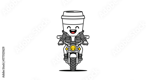 Cartoon coffee cup character riding a motorcycle with a cheerful expression, a fun depiction of a