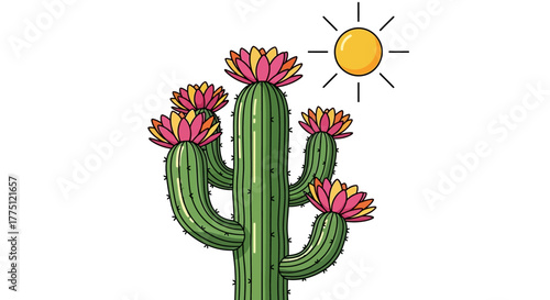 Illustration of a blossoming saguaro cactus against a white background under the shining sun