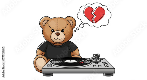 A melancholy teddy bear spinning vinyl records while contemplating heartbreak imagery
