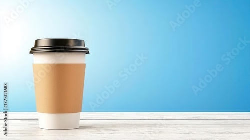 Paper coffee cup on wood table, blue background, beverage concept