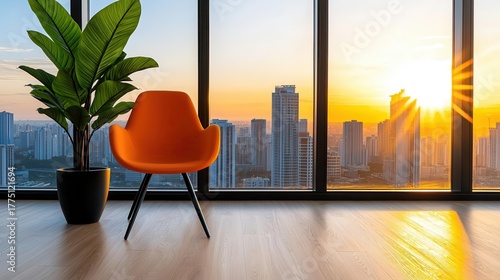 Cozy interior with an orange chair and plant by a window at sunset.