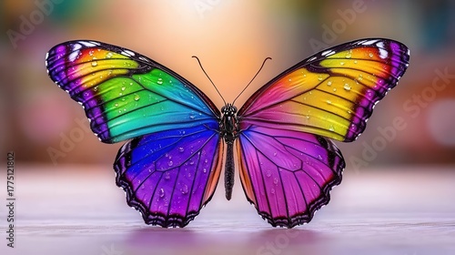 Vibrant butterfly with rainbow wings, perched elegantly on a surface.