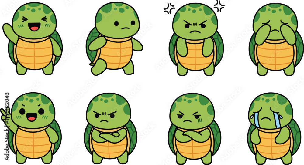 Obraz premium Cute turtle character emotions set, adorable cartoon sea turtle mascot, funny expressions for stickers, cad drawing flat vector illustration, kawaii