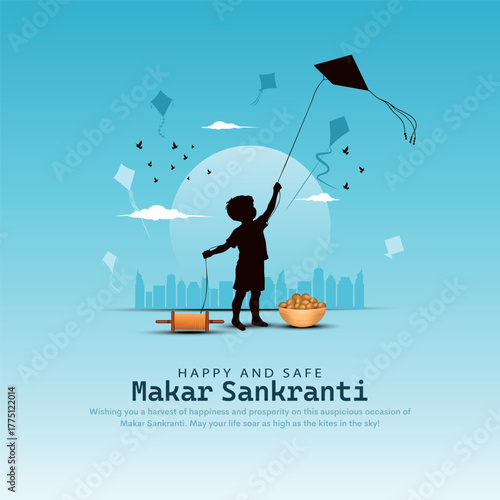 Makar Sankranti is a Hindu harvest festival celebrated across India. Poster design with child flying kite. Vector illustration.