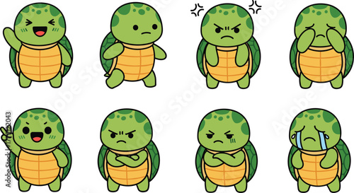 Cute turtle character emotions set, adorable cartoon sea turtle mascot, funny expressions for stickers, cad drawing flat vector illustration, kawaii