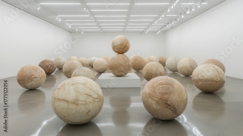 Spherical Marble Sculptures Balanced in an Art Gallery
