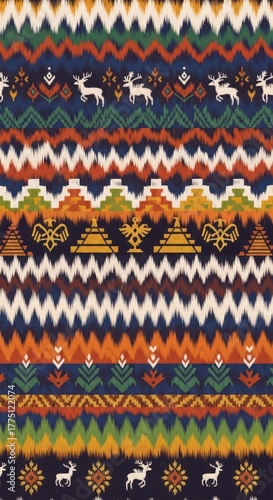 Ikat textile pattern with zigzags animals and geometric designs in earthy tones