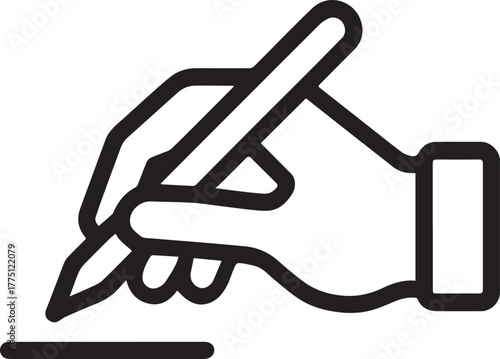A symbolic icon of a hand holding a pen and writing