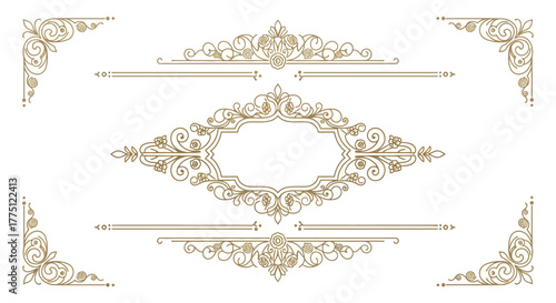 Elegant Gold Flourish Dividers & Ornamental Border Designs | Vintage Decorative Scroll Frames, Classic Victorian Luxury Line Art Elements