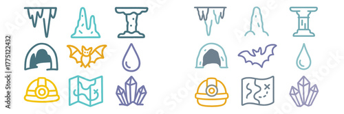 Cave exploration elements featuring stalactites, stalagmites, bats, and crystals in a playful design
