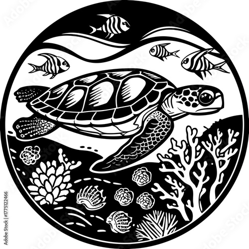 Sea turtle swimming in the ocean with fish and coral in a circle design