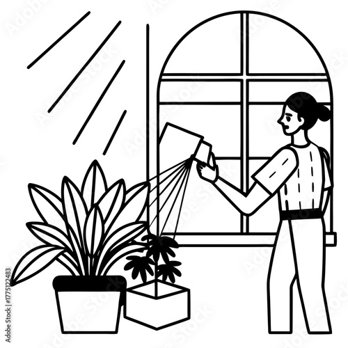 Wall Mural Woman is spraying water on plants near the window