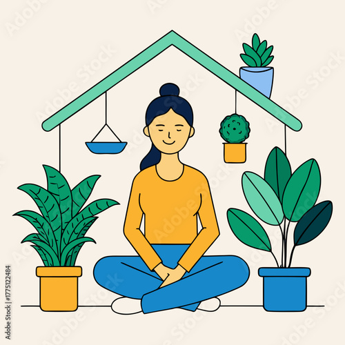Woman meditating in lotus position surrounded by plants