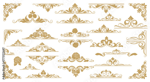 Elegant Gold Flourish Dividers & Ornamental Border Designs | Vintage Decorative Scroll Frames, Classic Victorian Luxury Line Art Elements
