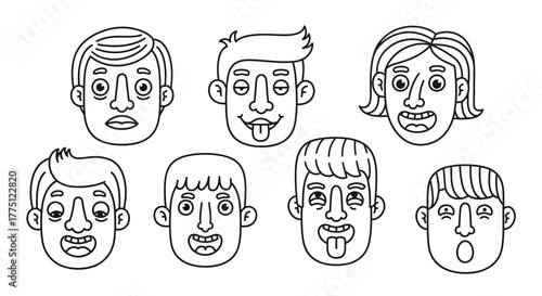 Collection of diverse cartoon faces expressing various emotions and personalities using simple