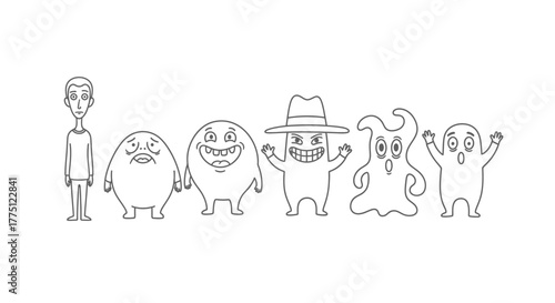 Line Art Caricature of a Man Alongside Six Cartoonish Supernatural Apparitions Illustration