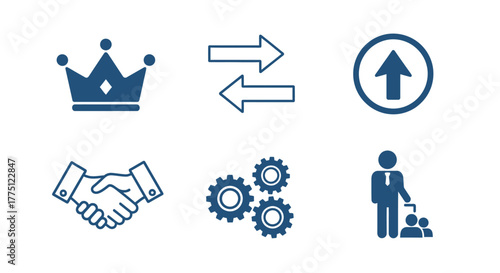 Conceptual business elements with crown, exchange arrows, handshake and teamwork concept