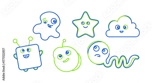 Collection of whimsical cartoon characters featuring playful expressions and vibrant dual-tone