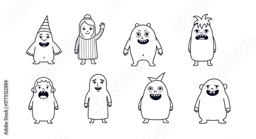 Whimsical monochrome character doodles showcasing a variety of quirky and emotive creatures