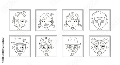 Variety of charming diverse cartoon character faces for creative applications, coloring book