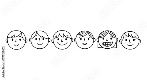 Diversity of facial expressions depicted through minimalist character line drawings in a row