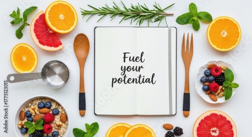 Healthy food arrangement with motivational text in a studio setting