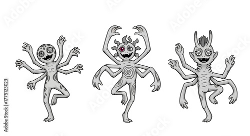 Whimsical lineup of six-armed cartoon characters, showcasing fantasy creatures in various poses