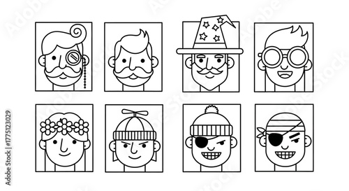 Collection of unique linear avatar illustration featuring diverse characters with distinct