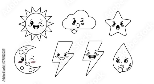 Kawaii weather icons set with cute sun cloud moon star lightning drop, black outline version