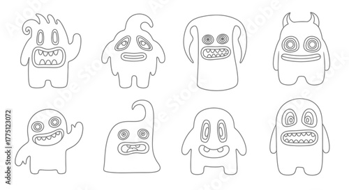 Collection of whimsically drawn cartoon monsters isolated on a clean white canvas ready for coloring