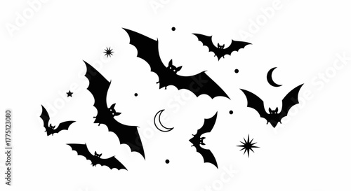 Vector Illustration of Silhouetted Bats, Stars, and Moons for Spooky Halloween Decor