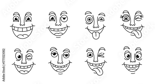 Collection of expressive cartoon faces with diverse emotions in simple line art design