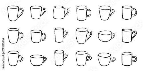 Set of cute hand drawn cup of tea or coffee Simple mug clipart Cozy home doodle Single element for design