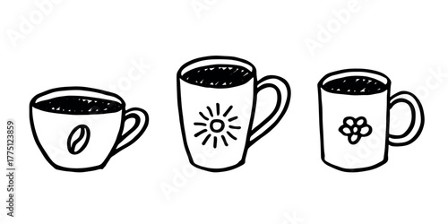 Set of cute hand drawn cup of tea or coffee Simple mug clipart Cozy home doodle Single element for design