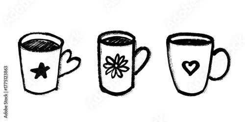 Set of cute hand drawn cup of tea or coffee Simple mug clipart Cozy home doodle Single element for design